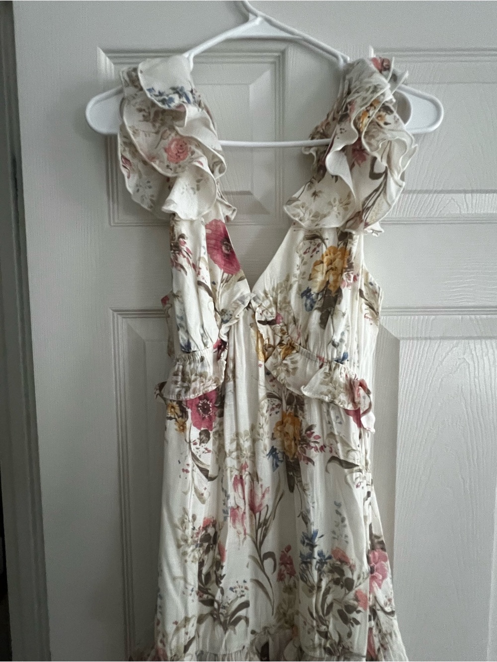 Francesca's Cream Floral Ruffle Maxi Dress with Pink & Yellow Blooms